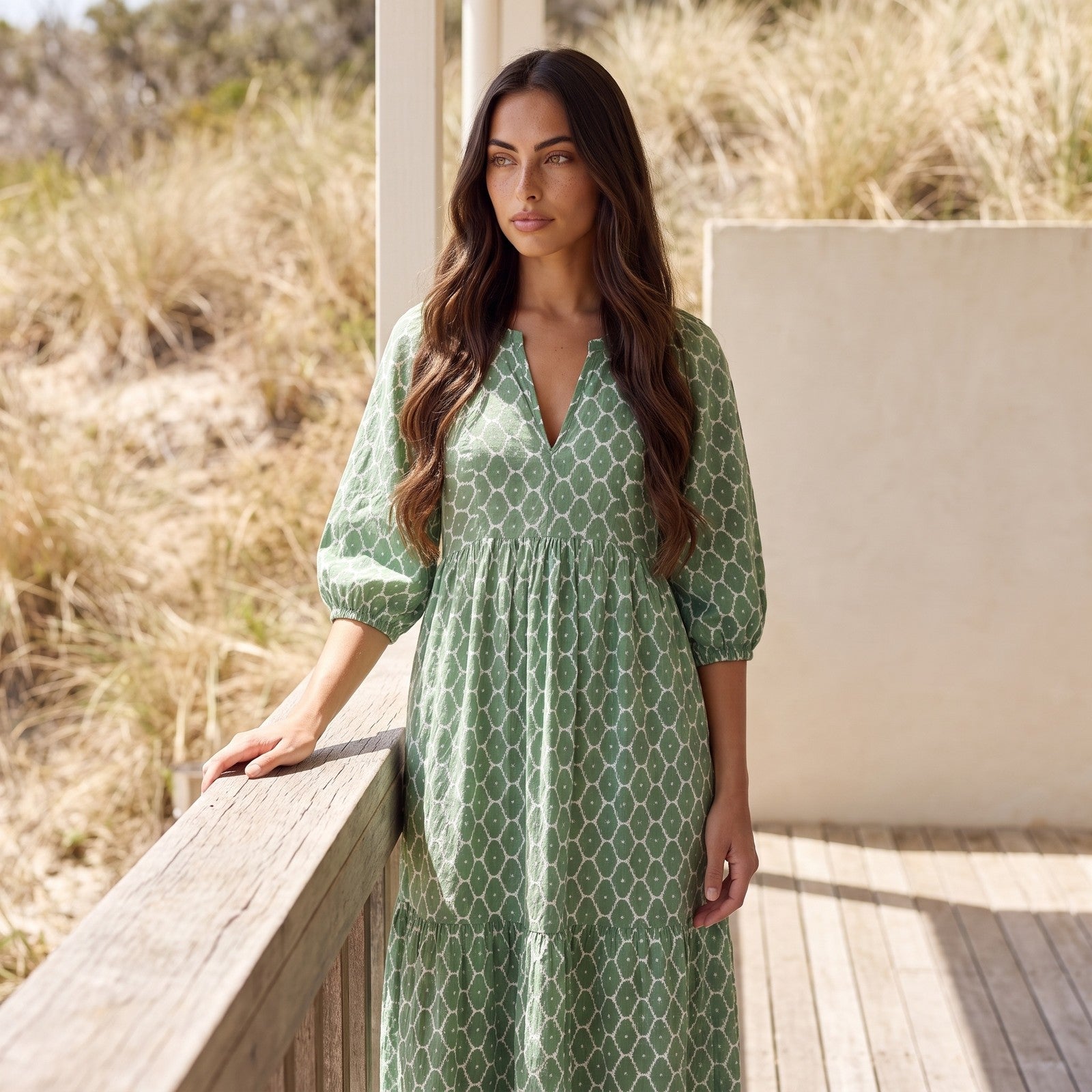 Caldenne linen summer dress on a sunlit Australian verandah