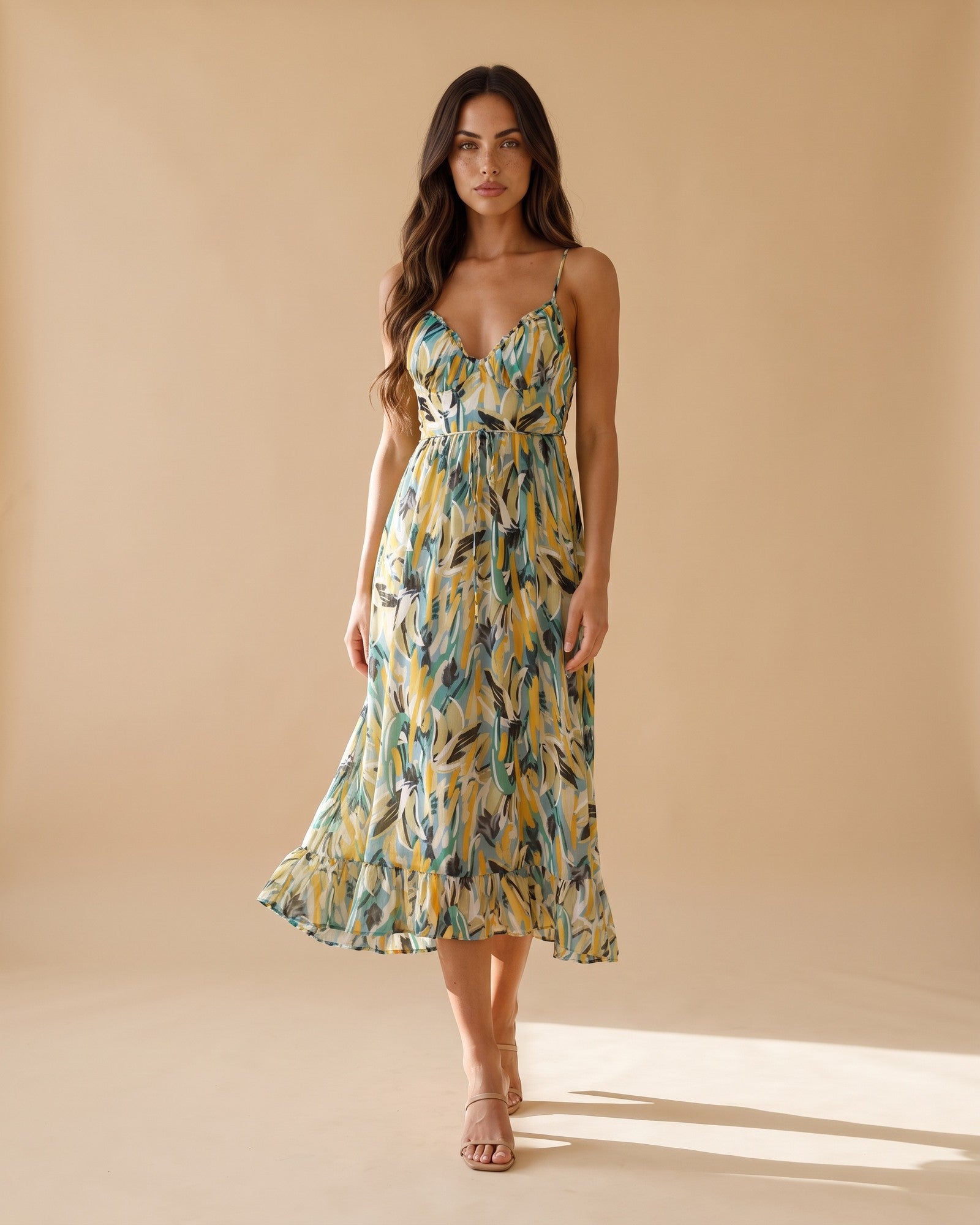 Women's V-Neck Midi Dress in Green - View 2