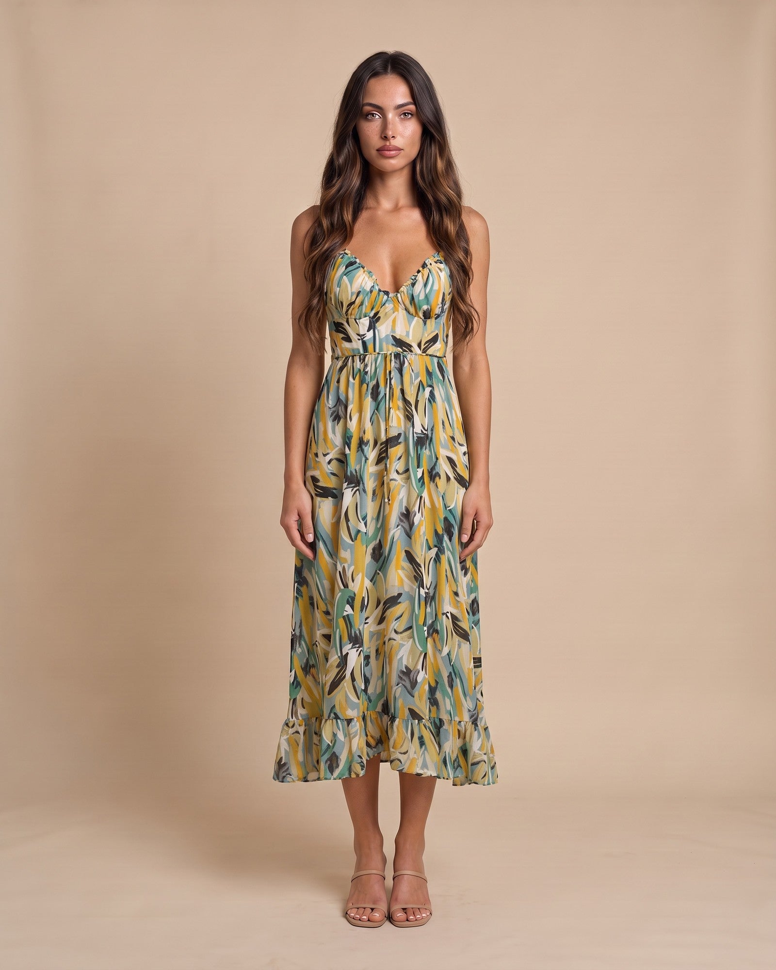 Women's V-Neck Midi Dress in Green