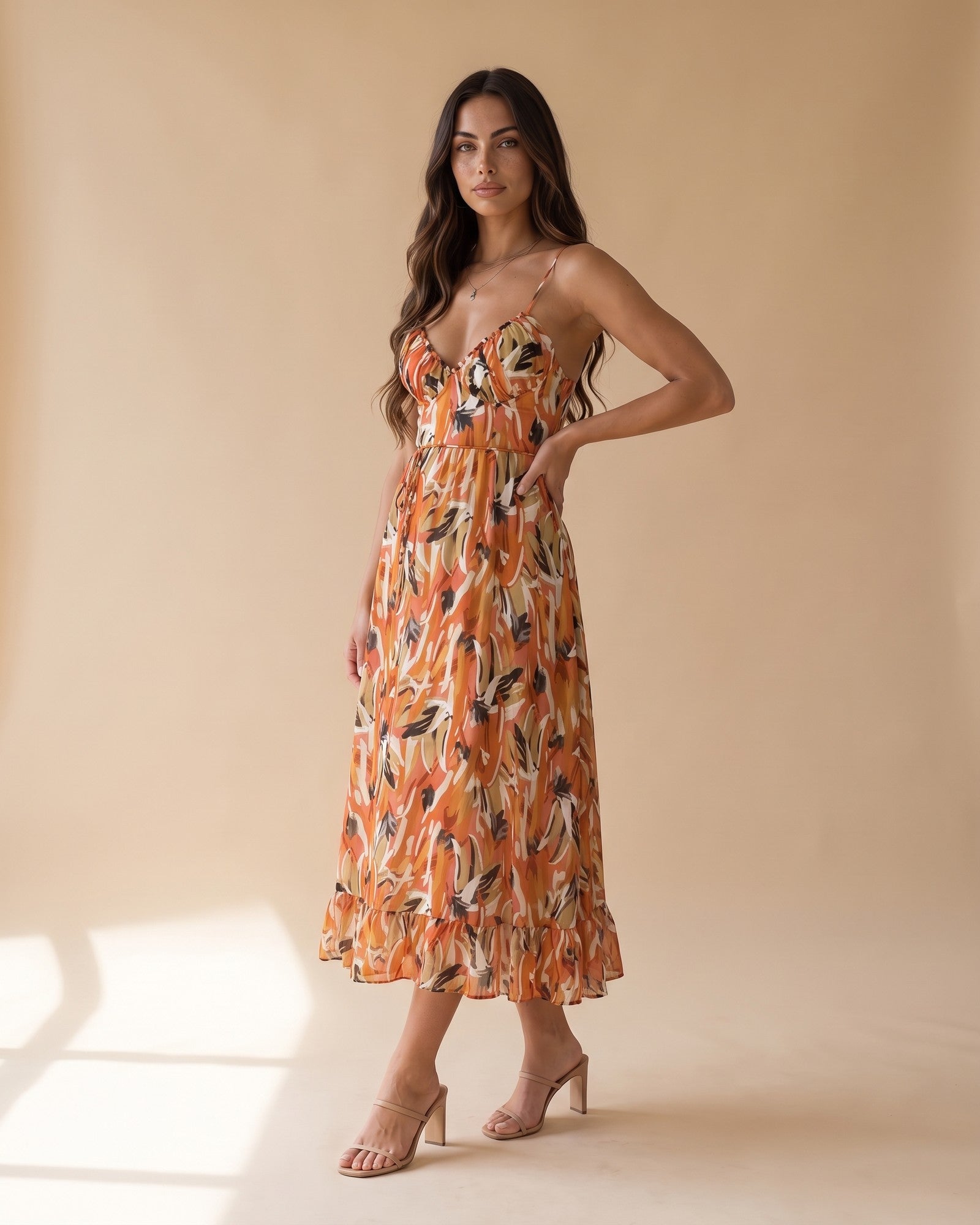 Women's V-Neck Midi Dress in Orange - View 2
