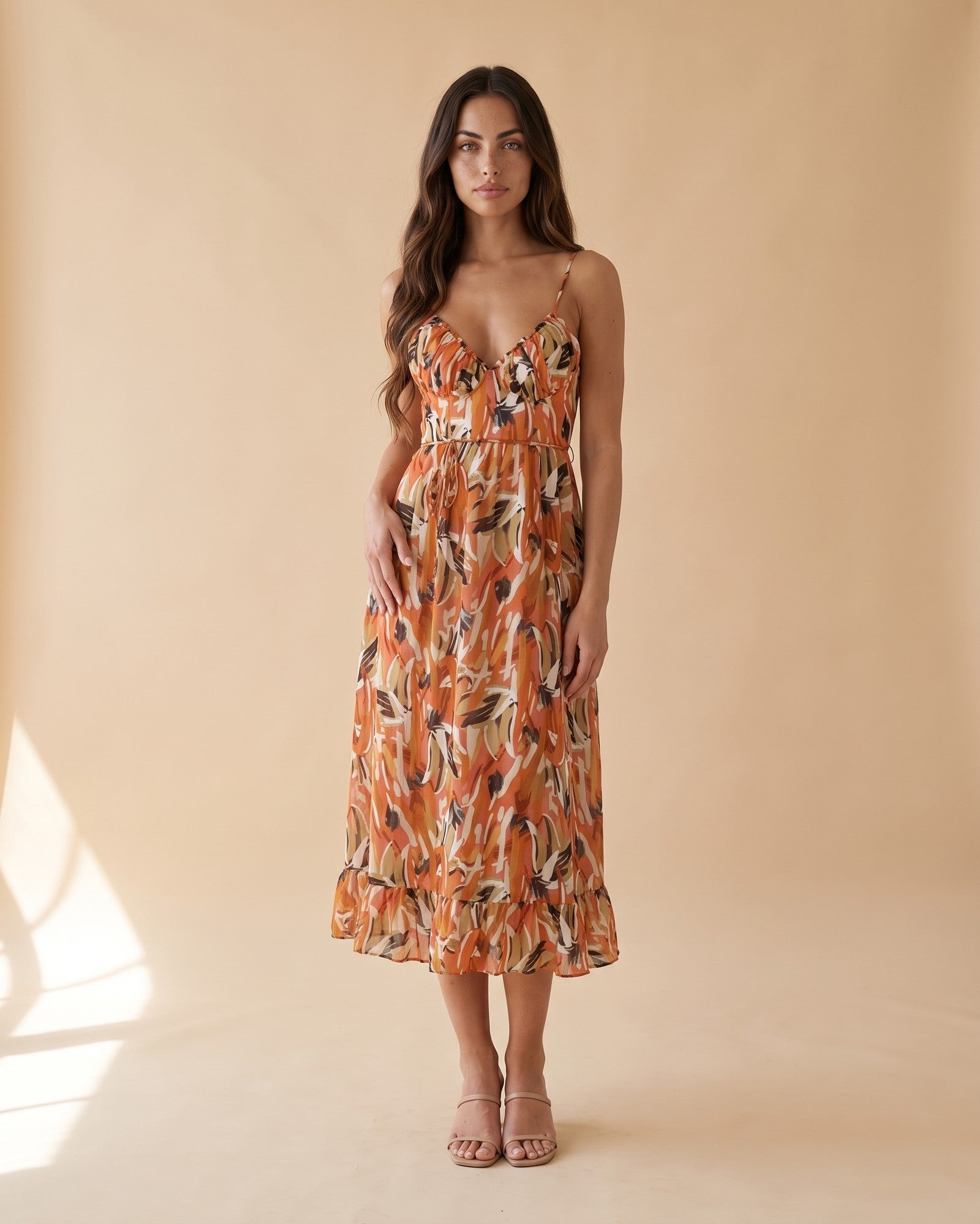 Women's V-Neck Midi Dress in Orange