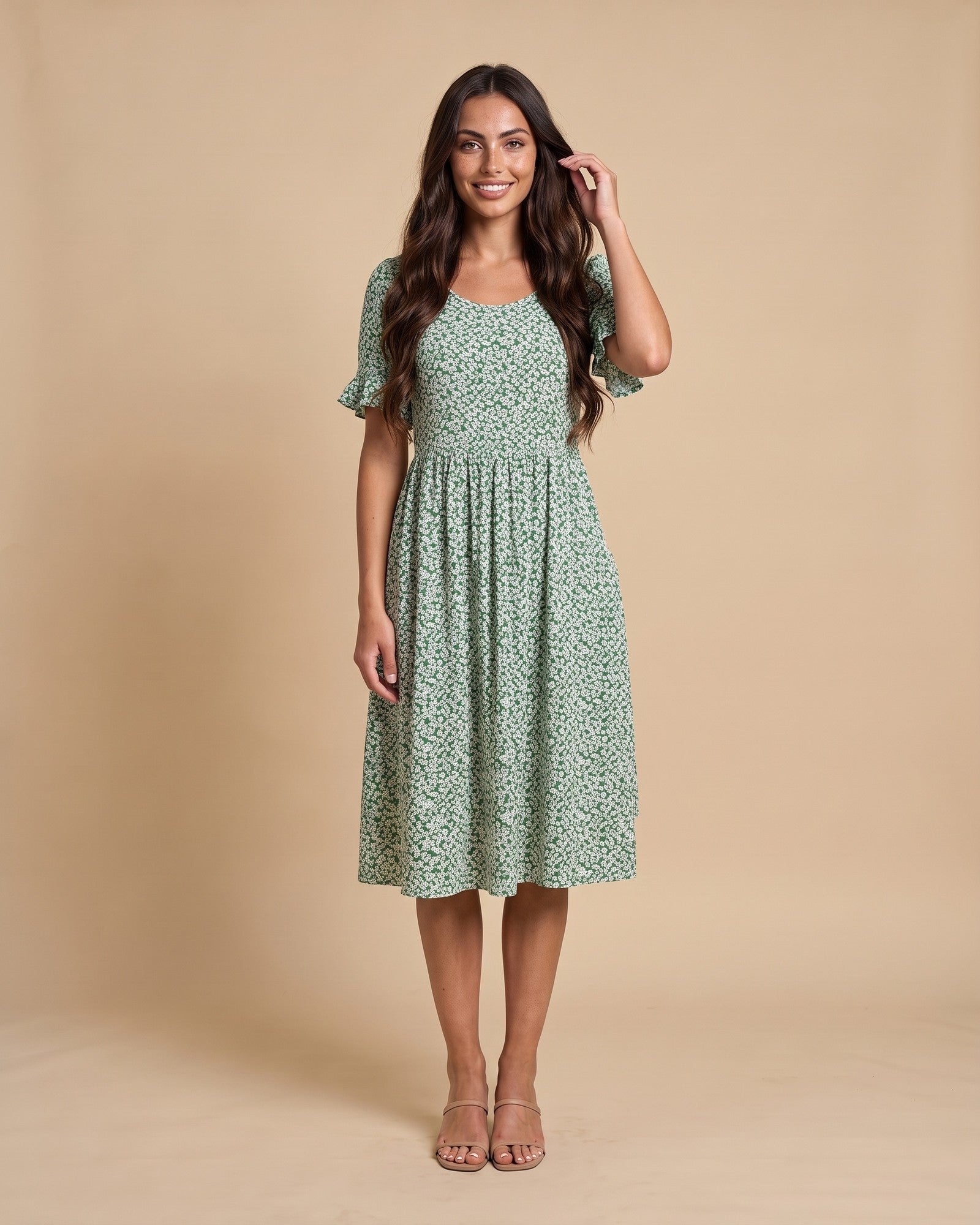 Women's Polka Dot Midi Dress in Green - View 2