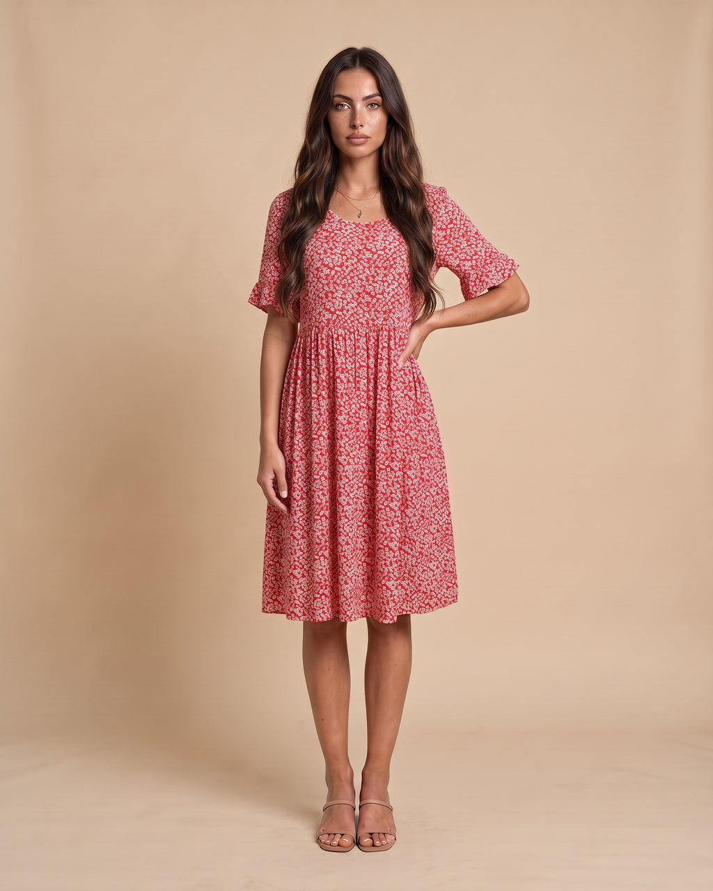 Women's Polka Dot Midi Dress in Red - View 2