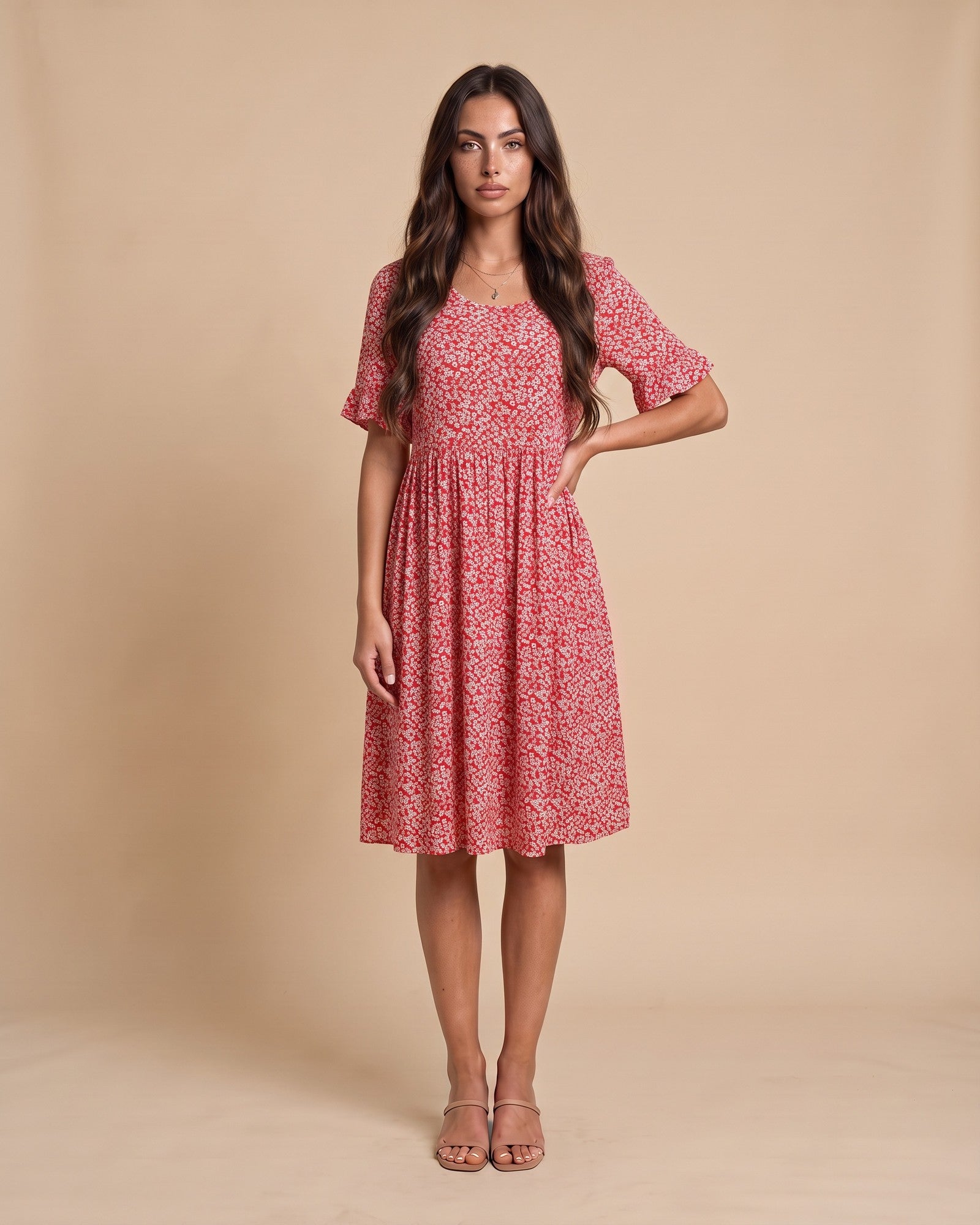 Women's Polka Dot Midi Dress in Red - View 2