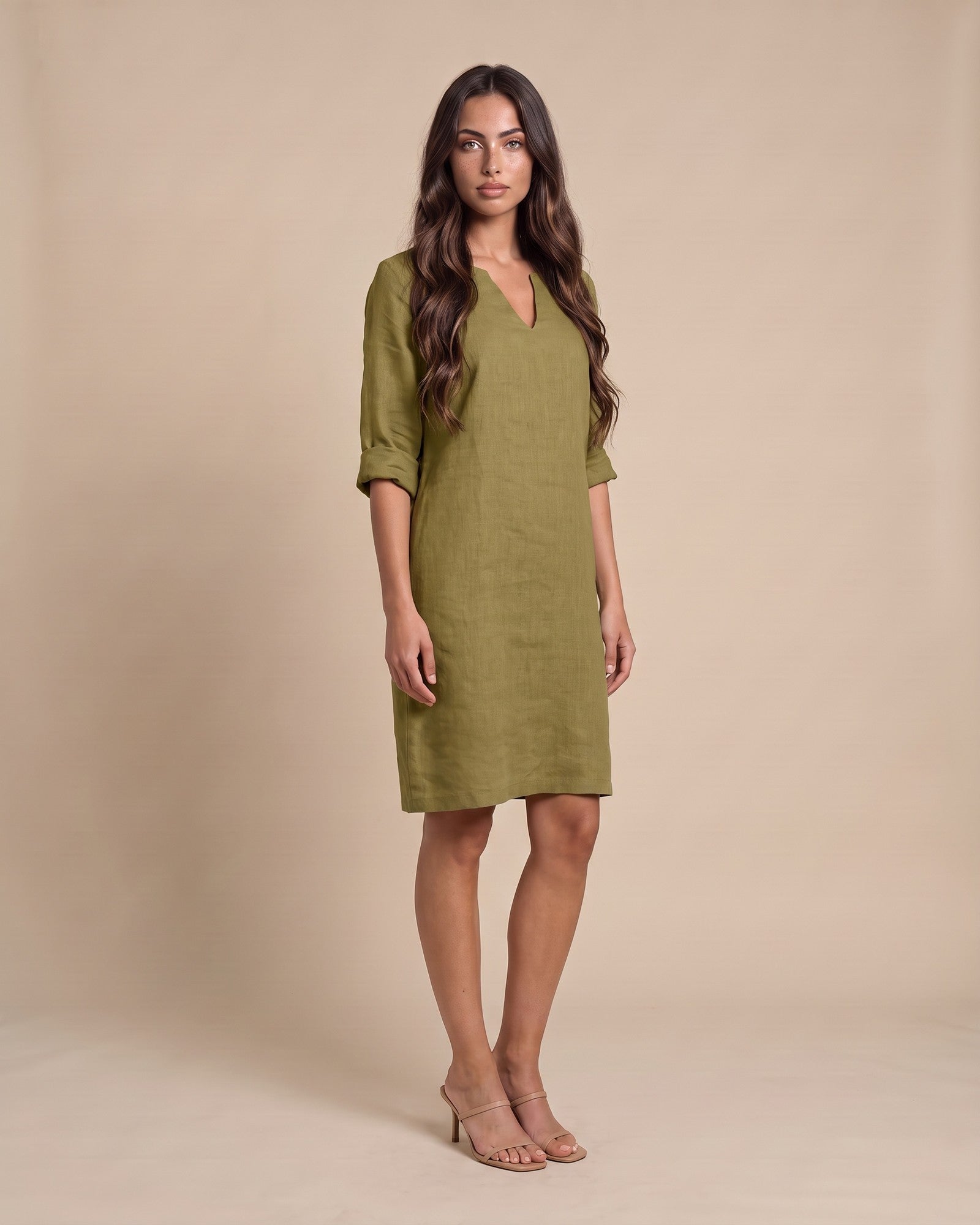 Women's Cotton Summer Midi Dress in Khaki - View 2