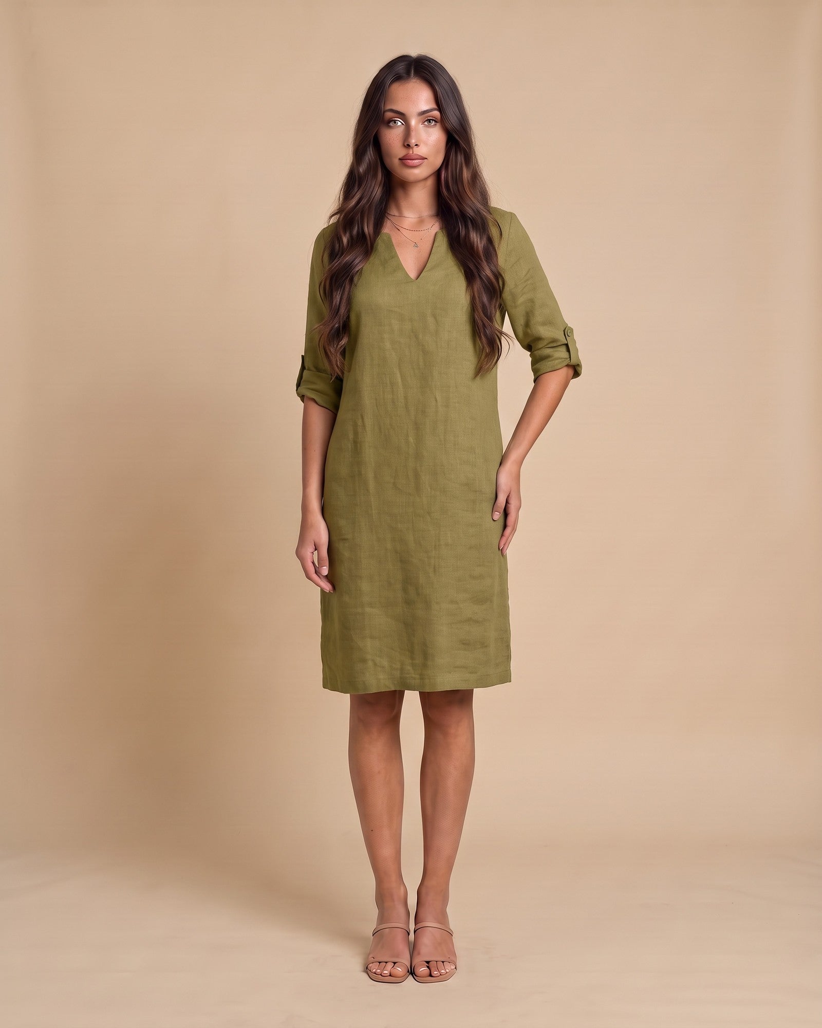 Women's Cotton Summer Midi Dress in Khaki