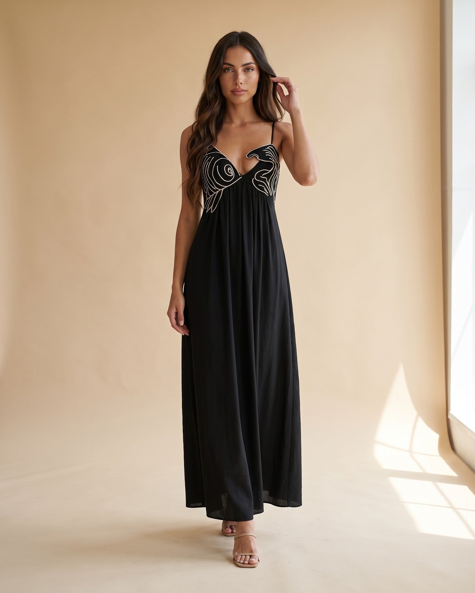 Women's Embroidered Maxi Dress in Black - View 2