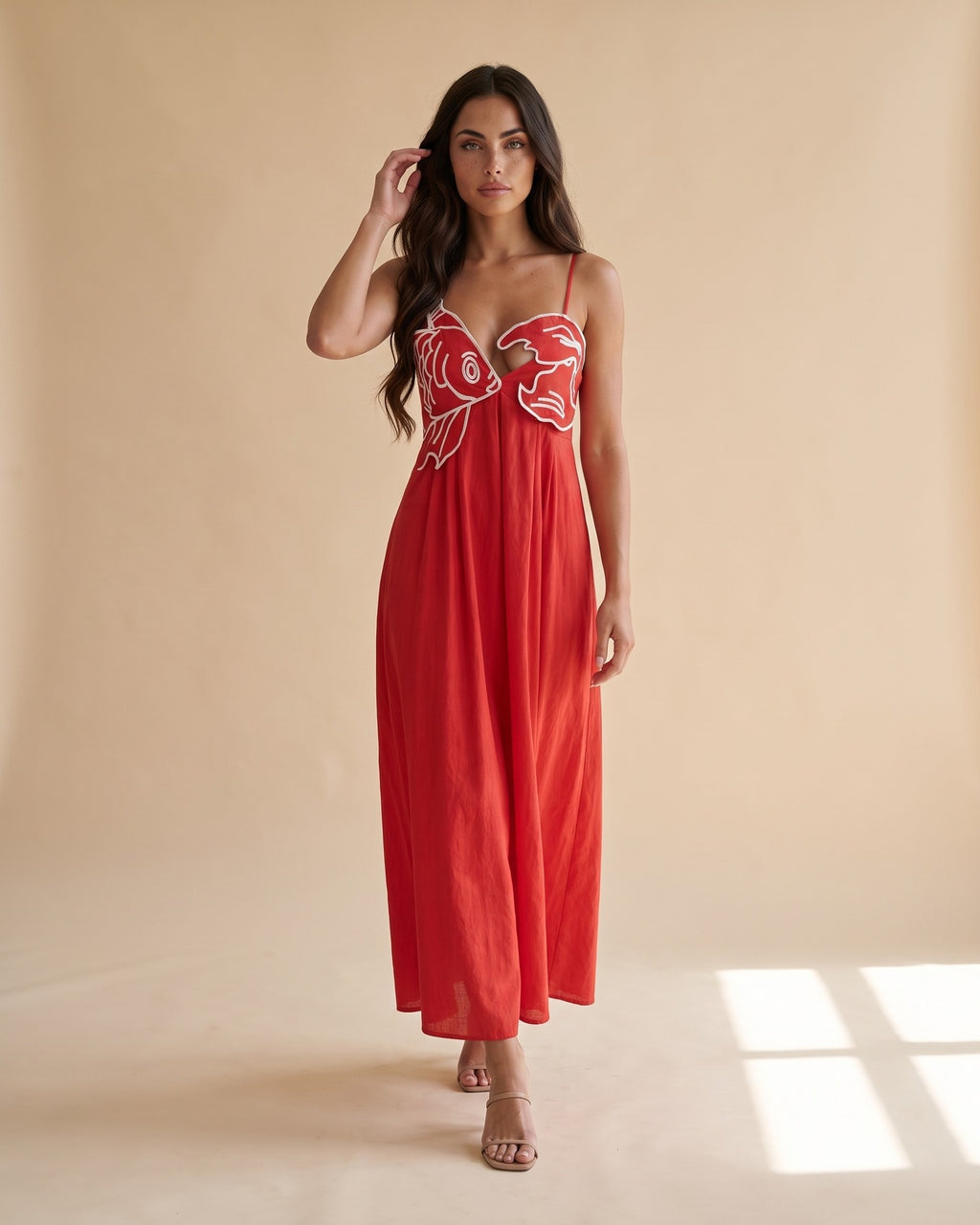 Women's Embroidered Maxi Dress in Red - View 2
