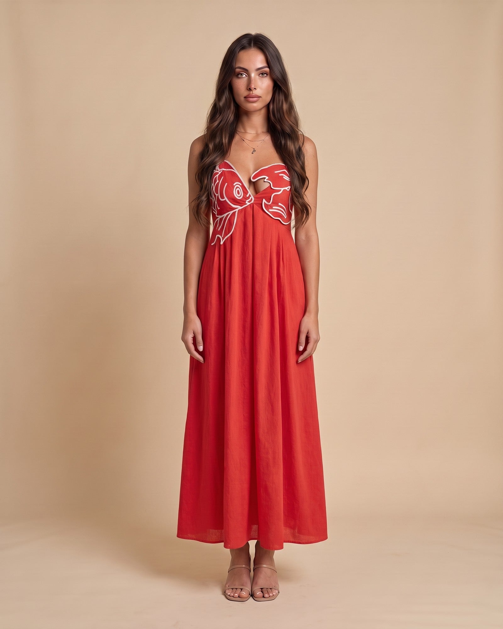Women's Embroidered Maxi Dress in Red