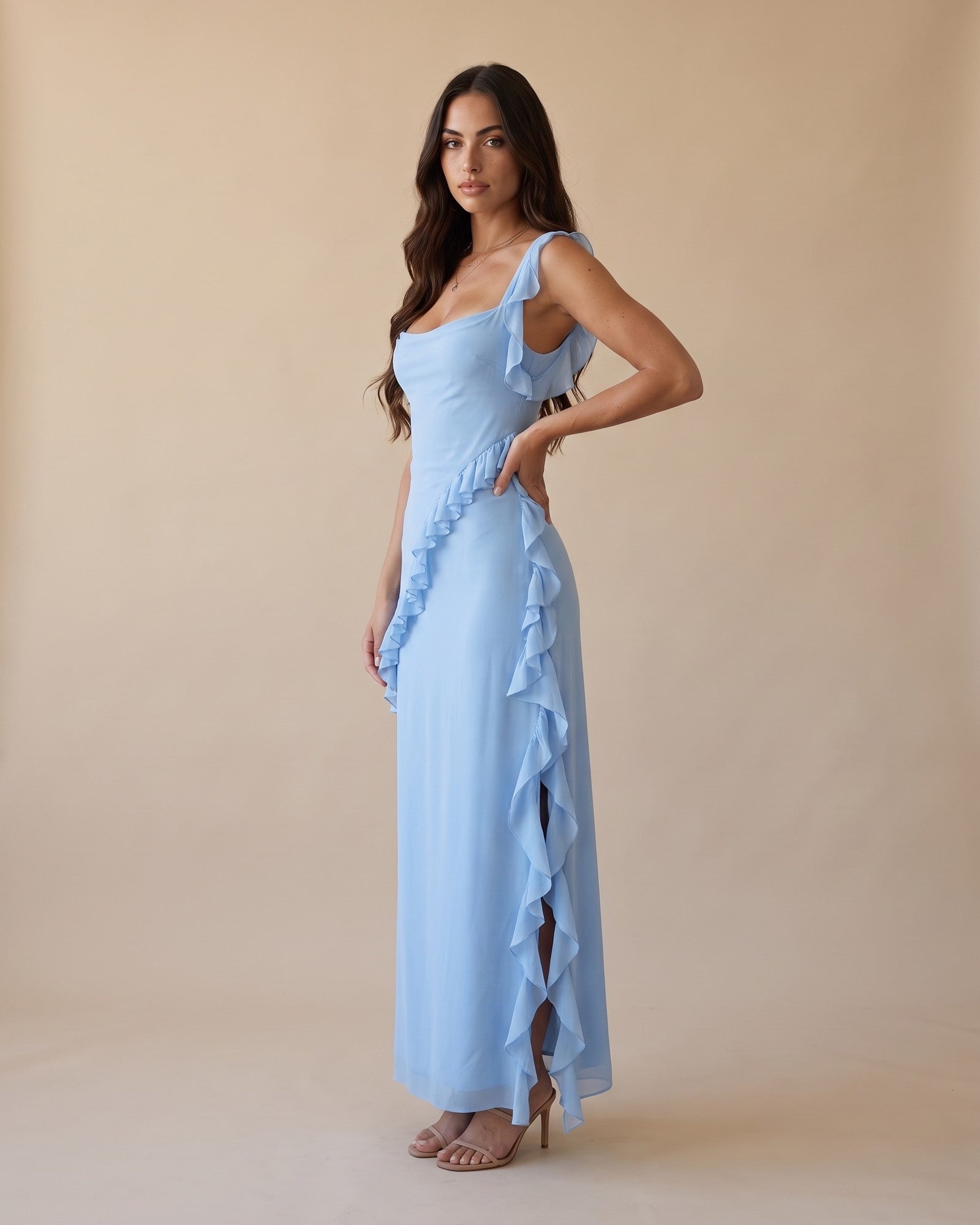 Women's High Slit Maxi Dress in Baby Blue - View 2