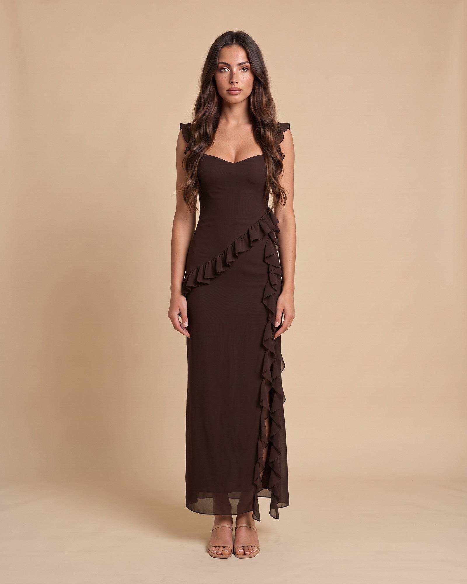 Women's High Slit Maxi Dress in Brown