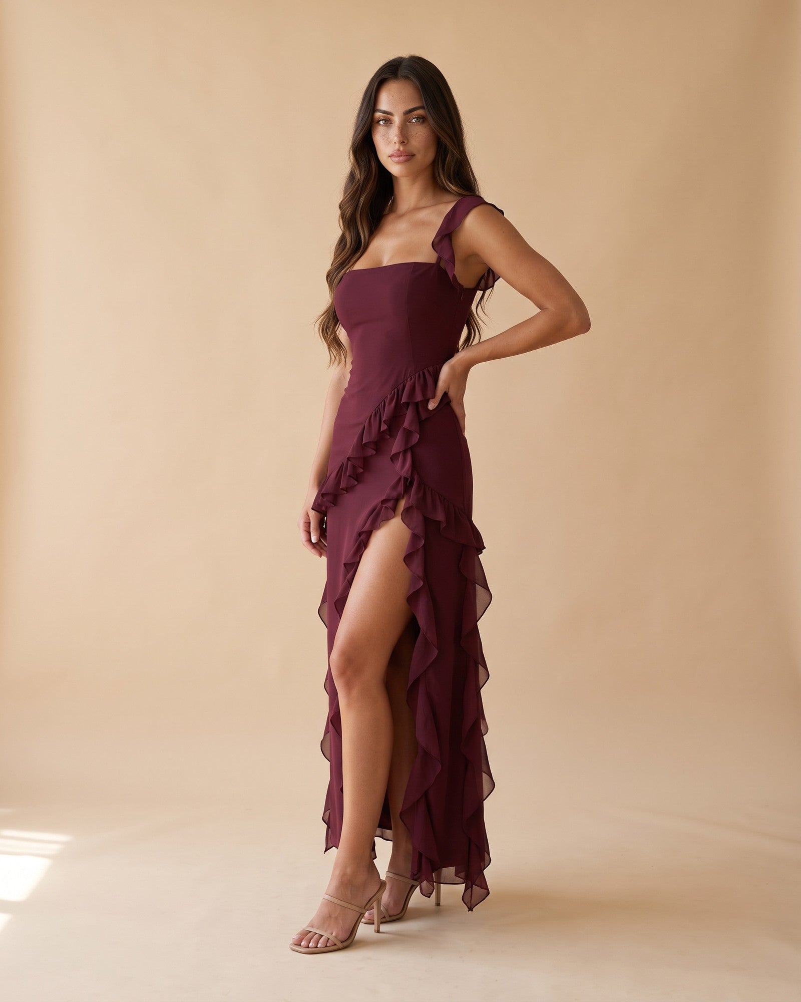 Women's High Slit Maxi Dress in Burgundy - View 2