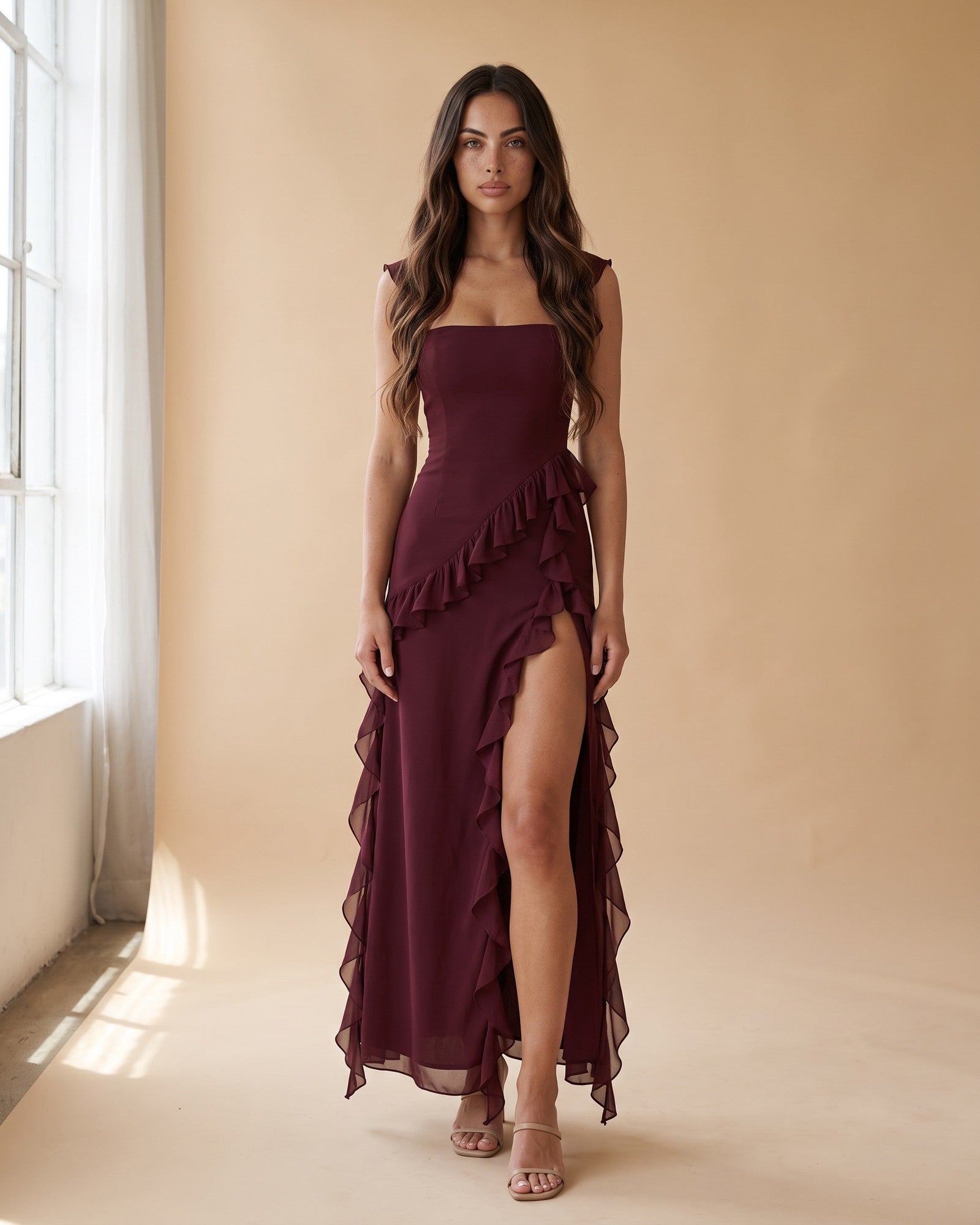 Women's High Slit Maxi Dress in Burgundy
