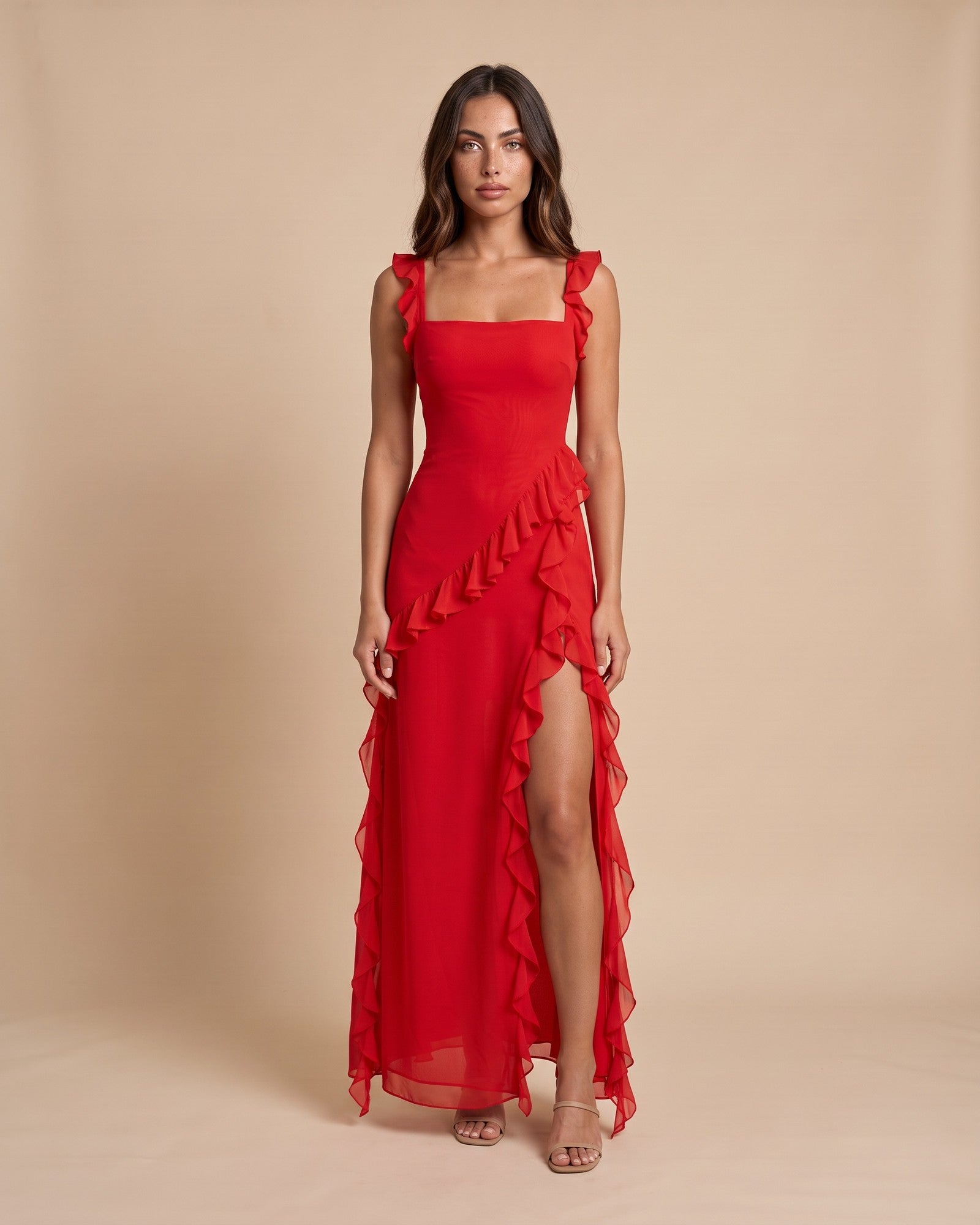 Women's High Slit Maxi Dress in Red