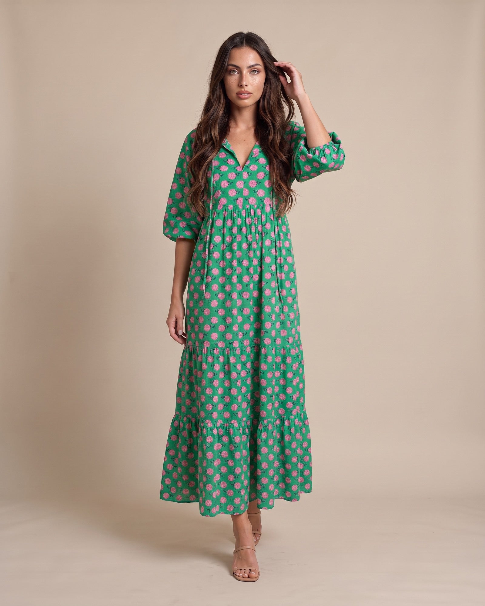 Women's Lightweight Summer Dress in Green and pink - View 2