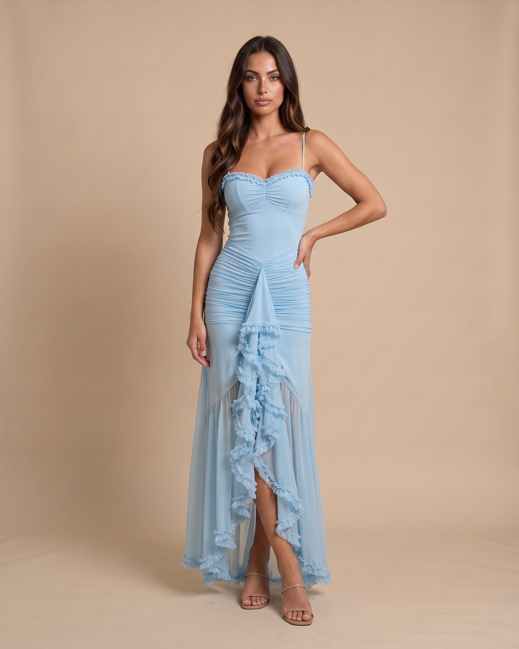 Women's Frilled Maxi Dress in Baby Blue - View 2