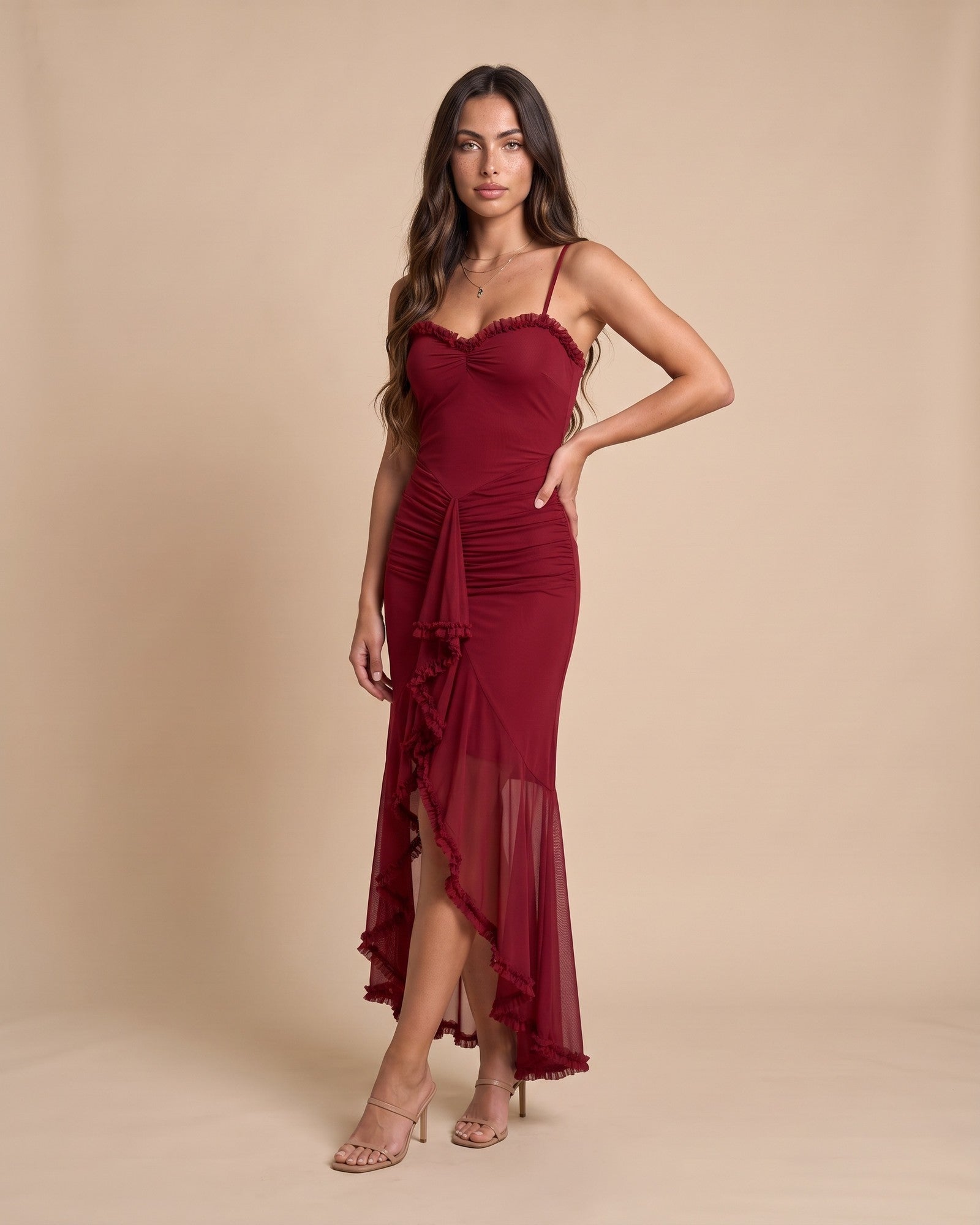 Women's Frilled Maxi Dress in Burgundy - View 2