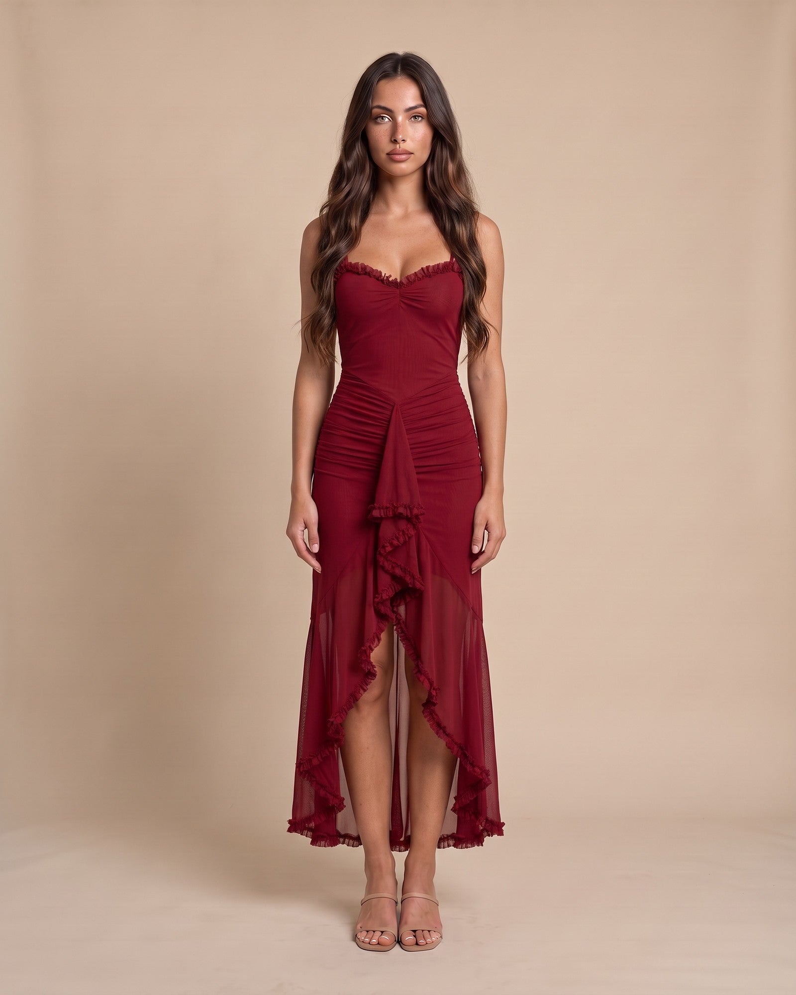 Women's Frilled Maxi Dress in Burgundy