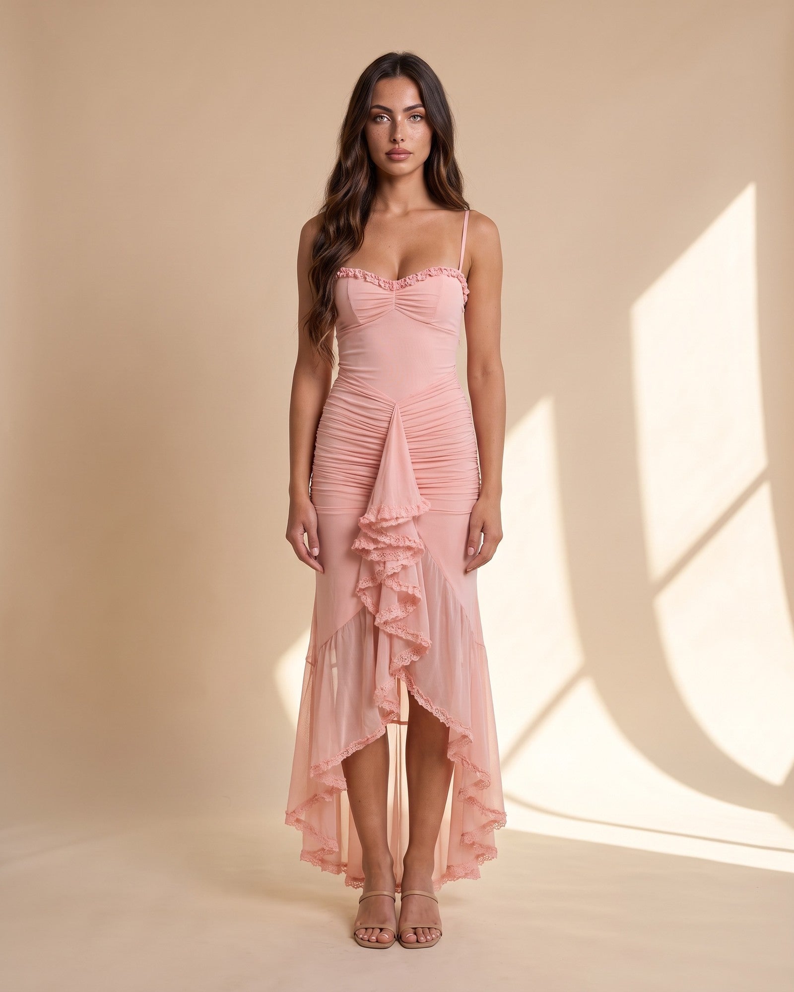 Women's Frilled Maxi Dress in Light Pink